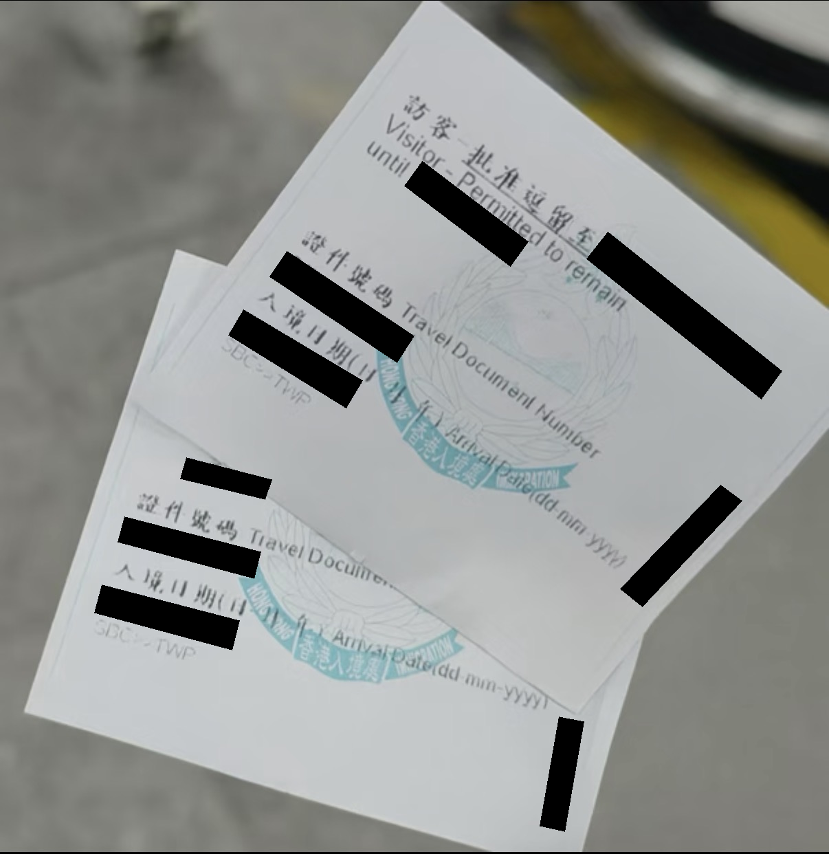 已遮挡个人资料的香港入境小票